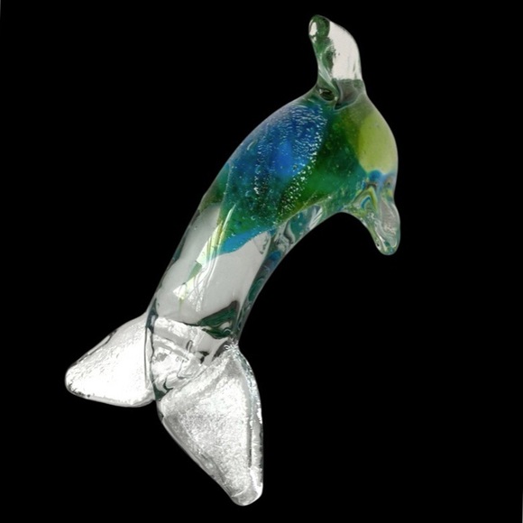 Vintage Murano Glass Handblown Dolphin Figurine Clear Glass Blue Green Ocean Sea - Picture 3 of 3